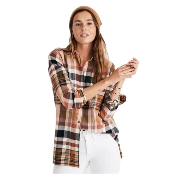 Madewell Ex-Boyfriend Flannel Button Down Relaxed Shirt Large Brown Pocket - Picture 1 of 13